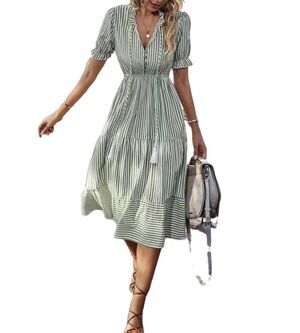 Women's Sage Green Striped V-Neck Puff-Sleeve Tiered Midi Dress